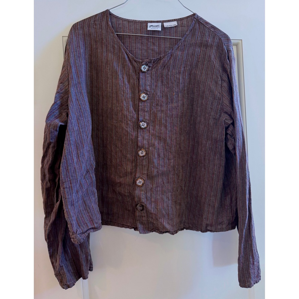 Vintage 90s CP Shades Linen Top Long Sleeve Button Front L Brown Striped Boho